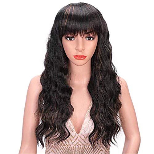Pelucas sintéticas rizadas sueltas largas Pelucas marrones mixtas con flequillo Cabello ondulado natural resistente al calor 24 pulgadas