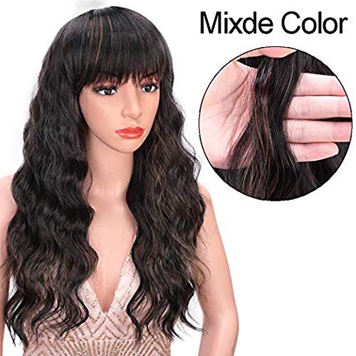 Pelucas sintéticas rizadas sueltas largas Pelucas marrones mixtas con flequillo Cabello ondulado natural resistente al calor 24 pulgadas