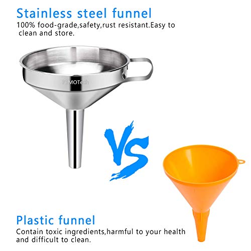 PEMOTech - Embudo ajustable con asa y filtro desmontable de 2 piezas, para cocinar y transvasar líquidos o polvo (color plata), acero inoxidable, 11cm/13cm/15cm