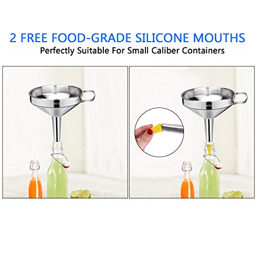 PEMOTech - Embudo ajustable con asa y filtro desmontable de 2 piezas, para cocinar y transvasar líquidos o polvo (color plata), acero inoxidable, 11cm/13cm/15cm