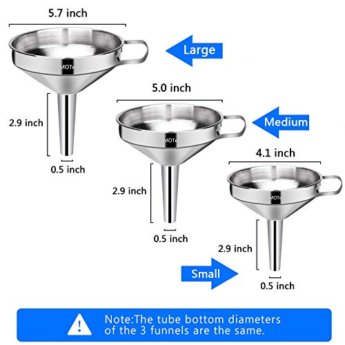 PEMOTech - Embudo ajustable con asa y filtro desmontable de 2 piezas, para cocinar y transvasar líquidos o polvo (color plata), acero inoxidable, 11cm/13cm/15cm