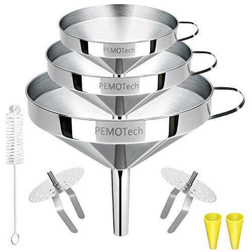 PEMOTech - Embudo ajustable con asa y filtro desmontable de 2 piezas, para cocinar y transvasar líquidos o polvo (color plata), acero inoxidable, 11cm/13cm/15cm