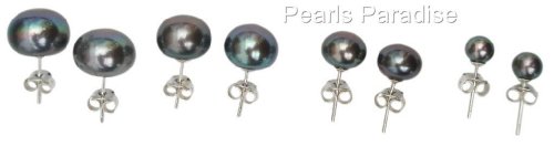 Pendientes de perla cultivada de agua dulce, color pavo real/berenjena (negra) de 7mm, de pin y mariposa de plata (925).
