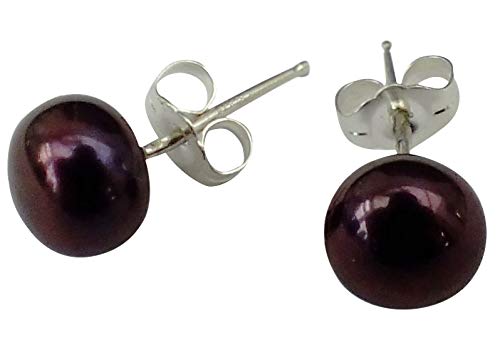 Pendientes de perla cultivada de agua dulce, color pavo real/berenjena (negra) de 7mm, de pin y mariposa de plata (925).