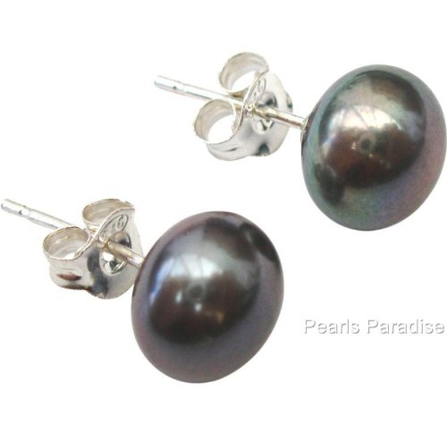 Pendientes de perla cultivada de agua dulce, color pavo real/berenjena (negra) de 7mm, de pin y mariposa de plata (925).