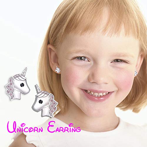 Pendientes de unicornio para niñas, Rosado Plata 925 Arete de unicornio Zirconia cúbica Joyería para Niñita Niños Cumpleaños Partido Navidad Regalos con caja de regalo de terciopelo