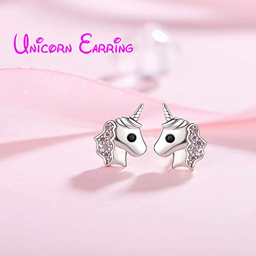 Pendientes de unicornio para niñas, Rosado Plata 925 Arete de unicornio Zirconia cúbica Joyería para Niñita Niños Cumpleaños Partido Navidad Regalos con caja de regalo de terciopelo