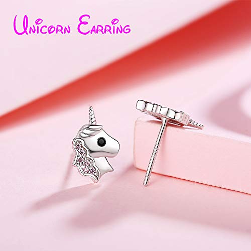 Pendientes de unicornio para niñas, Rosado Plata 925 Arete de unicornio Zirconia cúbica Joyería para Niñita Niños Cumpleaños Partido Navidad Regalos con caja de regalo de terciopelo
