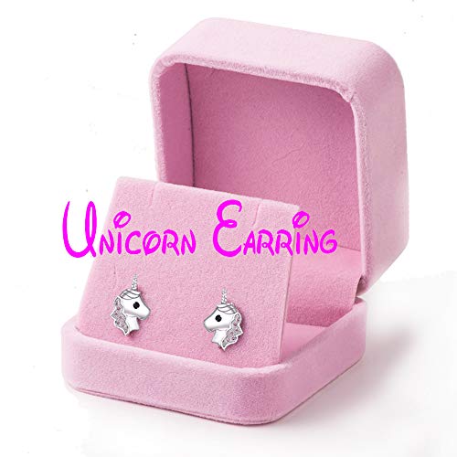 Pendientes de unicornio para niñas, Rosado Plata 925 Arete de unicornio Zirconia cúbica Joyería para Niñita Niños Cumpleaños Partido Navidad Regalos con caja de regalo de terciopelo