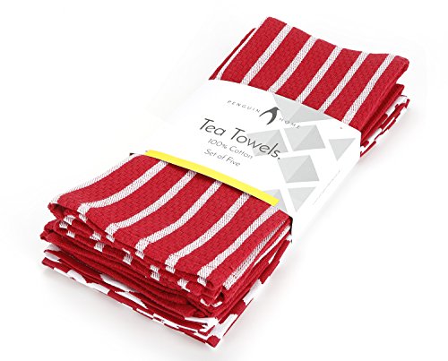 Penguin Home 3050 Juego de 5 Toallas de té 100% algodón-Suave-Duradero-Diseño Elegante en Rojo con múltiples Patrones-Lavable a máquina-65 x 45 cm, Paquete de 5, 5 Pack