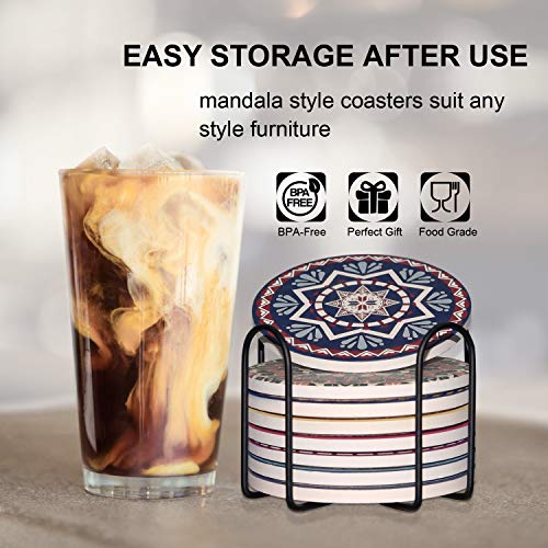 Penta Stars Absorbiendo Posavasos de Piedra Mandala para Bebidas Conjunto de 8 Posavasos de Piedra absorbentes Multicolores con Soporte, Posavasos de 4 Pulgadas para Bebidas con Base de Corcho