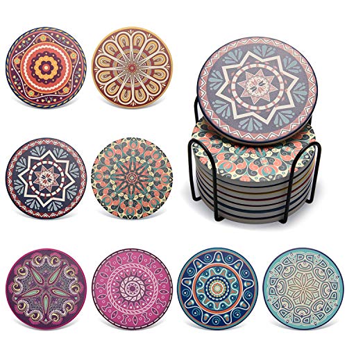Penta Stars Absorbiendo Posavasos de Piedra Mandala para Bebidas Conjunto de 8 Posavasos de Piedra absorbentes Multicolores con Soporte, Posavasos de 4 Pulgadas para Bebidas con Base de Corcho