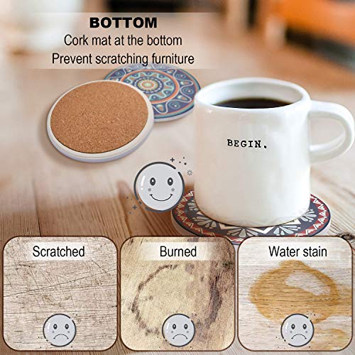 Penta Stars Absorbiendo Posavasos de Piedra Mandala para Bebidas Conjunto de 8 Posavasos de Piedra absorbentes Multicolores con Soporte, Posavasos de 4 Pulgadas para Bebidas con Base de Corcho