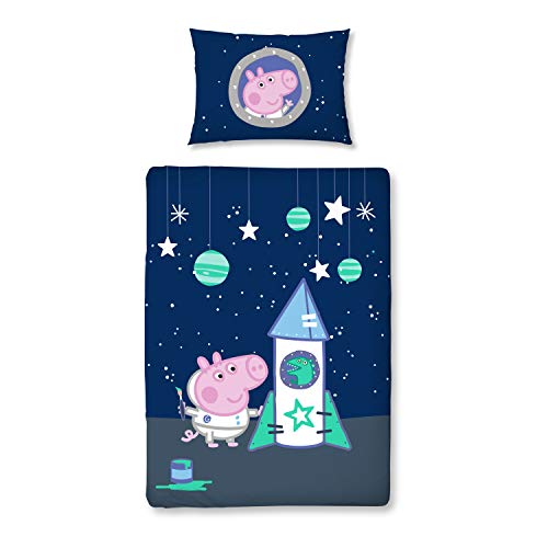Peppa Pig - Juego de Cama y Funda de Almohada, diseño de Cohete Espacial, Color Azul