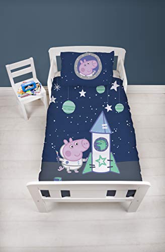 Peppa Pig - Juego de Cama y Funda de Almohada, diseño de Cohete Espacial, Color Azul