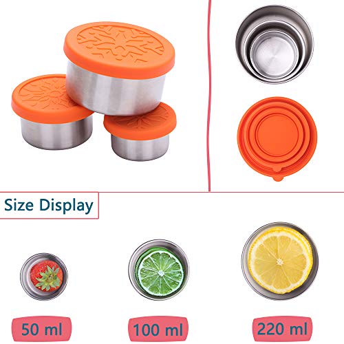 Pequeña Fiambrera Set de 3 con Tapa de Silicona, Recipientes de Acero Inoxidable para Almacenamiento de la Comida, Prueba de Fugas Contenedor para Dressing y Salsas y Frutos Secos y Tentempiés