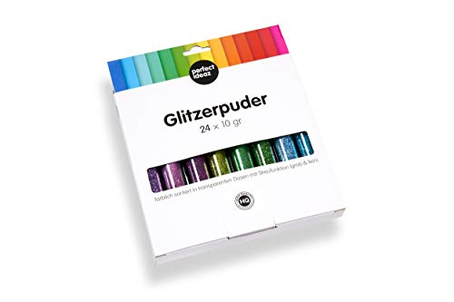 perfect ideaz set de brillantinas en polvo de colores, 24 x 10g (240g), en 24 colores, para manualidades en botes con tapón dosificador, set para decorar tarjetas y papel