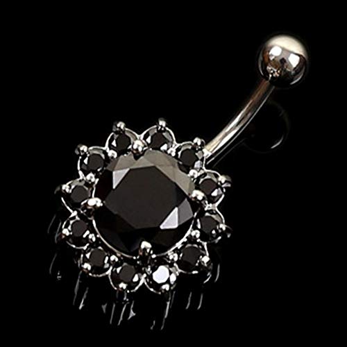 PETUNIA Flor Cristal Hebilla del Ombligo Anillo del Vientre Piercing Cuerpo Botón con Incrustaciones de Diamantes (Negro)