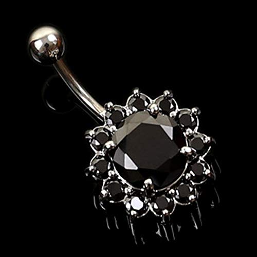 PETUNIA Flor Cristal Hebilla del Ombligo Anillo del Vientre Piercing Cuerpo Botón con Incrustaciones de Diamantes (Negro)