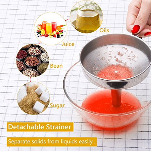 Philonext Set de embudos de Cocina, Juego de filtros de Embudo de Acero Inoxidable 3 Piezas con Mango y colador Desmontable para filtrar líquidos, Ingredientes Secos, Polvo