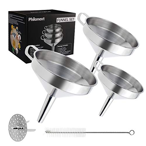 Philonext Set de embudos de Cocina, Juego de filtros de Embudo de Acero Inoxidable 3 Piezas con Mango y colador Desmontable para filtrar líquidos, Ingredientes Secos, Polvo