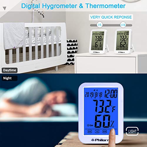 PHILORN Termómetro Higrometro Digital para Interior [4.4" Pantalla Táctil Grande], Termohigrómetro Profesional, Medidor de Humedad Temperatura, con Luz de Fondo, Nivel de Confort, Despertador, Fecha