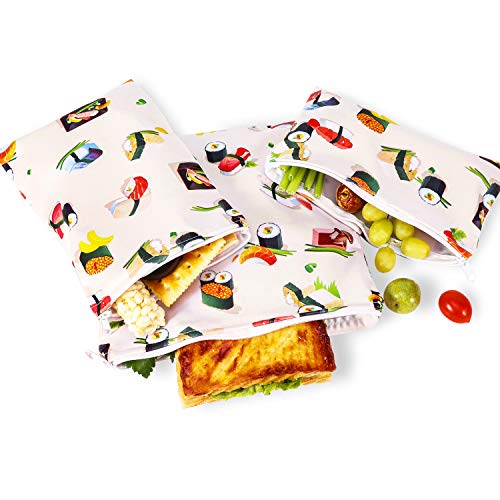 PHOGARY 3 piezas, Porta bocadillos reutilizable, bolsa merienda, funda bocadillo, Sin BPA (sushi)