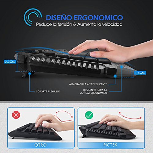 PICTEK Teclado Gaming Español USB Rainbow LED Retroiluminado con Ergonómico y Gran Durabilidad, Resistente a Derrames, Teclado con sensación mecánica