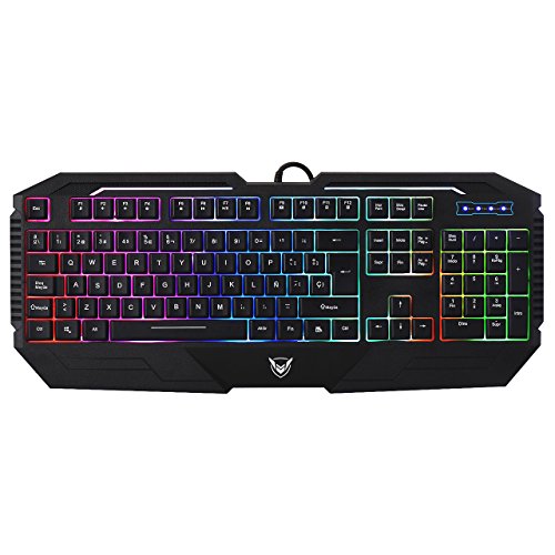 PICTEK Teclado Gaming Español USB Rainbow LED Retroiluminado con Ergonómico y Gran Durabilidad, Resistente a Derrames, Teclado con sensación mecánica