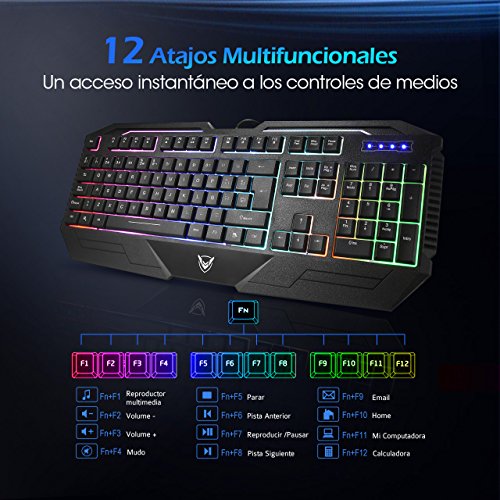 PICTEK Teclado Gaming Español USB Rainbow LED Retroiluminado con Ergonómico y Gran Durabilidad, Resistente a Derrames, Teclado con sensación mecánica