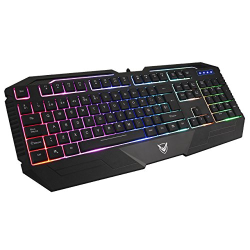 PICTEK Teclado Gaming Español USB Rainbow LED Retroiluminado con Ergonómico y Gran Durabilidad, Resistente a Derrames, Teclado con sensación mecánica