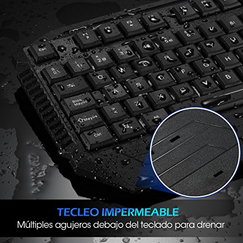 PICTEK Teclado Gaming Español USB Rainbow LED Retroiluminado con Ergonómico y Gran Durabilidad, Resistente a Derrames, Teclado con sensación mecánica