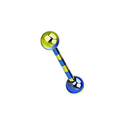 Piercing de titanio anodizado sobre acero quirúrgico, calibre 14 (1,6 mm), doble tono azul y amarillo, barra para la lengua, de Gekko Body Jewellery