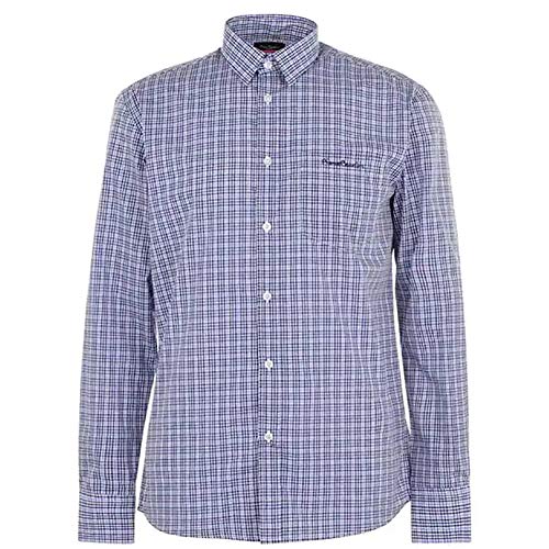 Pierre Cardin Hombre Camisa a Rayas o a Cuadros Manga Larga con Bordado de Firma (2XL, Navy/Sky)