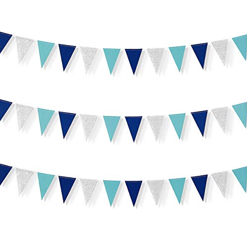 Pinkblume 78 Banderas Guirnaldas Papel Triángulo Banner Decoracion Banderines para Fiesta Cumpleaños Vacaciones Boda Aniversario Nupcial Baby Shower (Azul plateado)