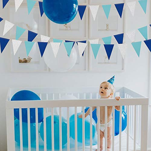 Pinkblume 78 Banderas Guirnaldas Papel Triángulo Banner Decoracion Banderines para Fiesta Cumpleaños Vacaciones Boda Aniversario Nupcial Baby Shower (Azul plateado)
