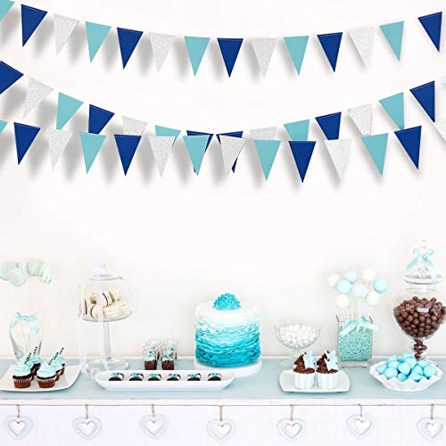 Pinkblume 78 Banderas Guirnaldas Papel Triángulo Banner Decoracion Banderines para Fiesta Cumpleaños Vacaciones Boda Aniversario Nupcial Baby Shower (Azul plateado)