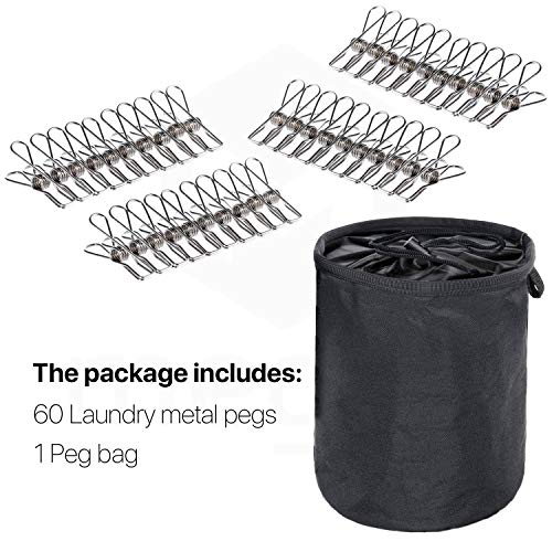 Pinzas para ropa de acero inoxidable para colgar antioxidantes para exteriores, casa, cocina, baño, jardín o balcón - PAQUETE DE 60 y BOLSA