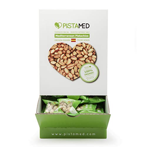Pistachos ecológicos PISTAMED - 3,5 Kg. Tostado artesanal SIN SAL - Origen España (100 bolsas de 35 gr. = 3,5 kg.) 100 bolsas de pistachos en un expositor dispensador.