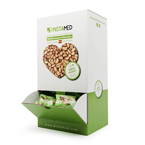 Pistachos ecológicos PISTAMED - 3,5 Kg. Tostado artesanal SIN SAL - Origen España (100 bolsas de 35 gr. = 3,5 kg.) 100 bolsas de pistachos en un expositor dispensador.
