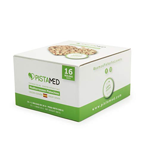 Pistachos ecológicos PISTAMED - 560 gramos. Tostado artesanal SIN SAL - Origen España (15+1 bolsas de 35 gr. = 560 gramos) 16 raciones de pistachos