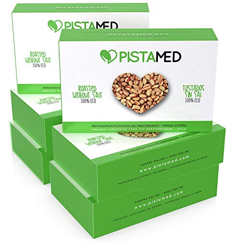 Pistachos ecológicos PISTAMED - 600 gramos. Tostado artesanal SIN SAL - Origen España (6 cajas de 100 gr.)