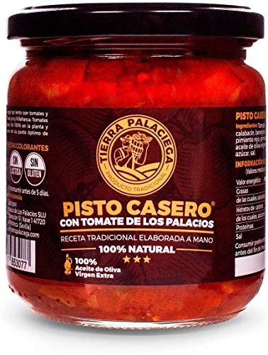 Pisto Casero TIERRA PALACIEGA [Pack 12 Tarros x 340 g] con Tomate de Los Palacios y Aceite de Oliva Virgen Extra Producto Vegano Sin Gluten y Sin Lactosa