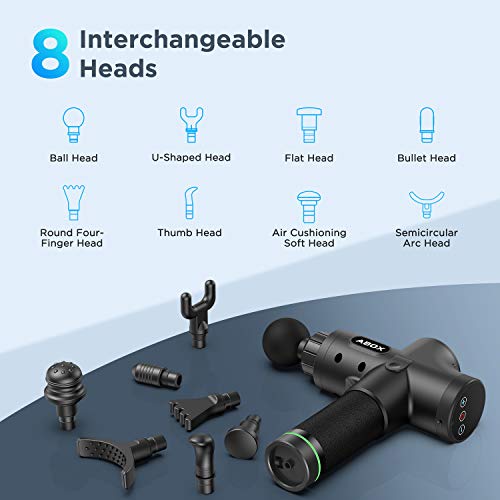 Pistola de Masaje Muscular, ABOX Masajeador de Músculos de Tejido Profundo con 30 Niveles Ajustables, 8 Cabezales de Masaje, 3300 RPM, Ultra Silenciosos para Relajación Fatiga, Ideal para Gimnasio