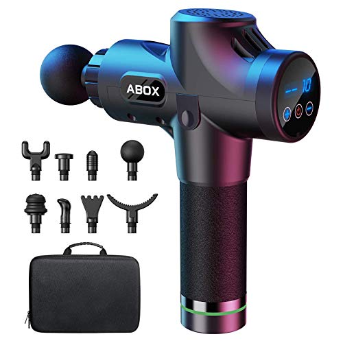 Pistola de Masaje Muscular, ABOX Masajeador de Músculos de Tejido Profundo con 30 Niveles Ajustables, 8 Cabezales de Masaje, 3300 RPM, Ultra Silenciosos para Relajación Fatiga, Ideal para Gimnasio
