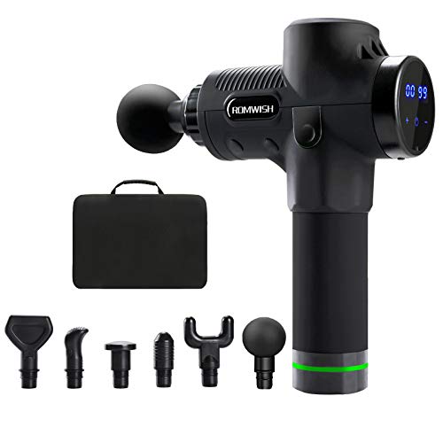 Pistola de Masaje Muscular, ROMWISH Masajeador de Músculos de Tejido Profundo con 30 Niveles Ajustables, 6 Cabezales de Masaje, Ultra Silenciosos para Relajación Fatiga, Ideal para Gimnasio