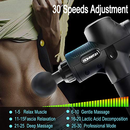 Pistola de Masaje Muscular, ROMWISH Masajeador de Músculos de Tejido Profundo con 30 Niveles Ajustables, 6 Cabezales de Masaje, Ultra Silenciosos para Relajación Fatiga, Ideal para Gimnasio
