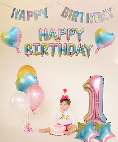 PIXHOTUL 40 Pulgadas Números 0-9 Arco Iris Globos de Papel de Aluminio y Happy Birthday Bander Kitsde pancartas para Decoraciones de Fiesta de Cumpleaños de Niños y Niñas (Happy Birthday)