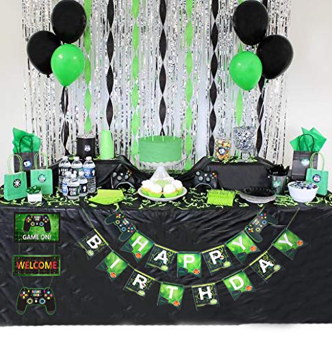 PIXHOTUL Suministros para Fiestas de Videojuegos Happy Birthday Gaming Banner, Decoración Colgante de Bienvenida y Globos Temáticos de Jugador de 32 Piezas para Fiesta de Cumpleaños de Niños