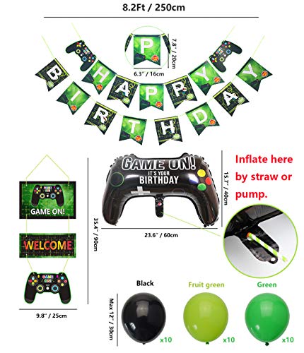 PIXHOTUL Suministros para Fiestas de Videojuegos Happy Birthday Gaming Banner, Decoración Colgante de Bienvenida y Globos Temáticos de Jugador de 32 Piezas para Fiesta de Cumpleaños de Niños